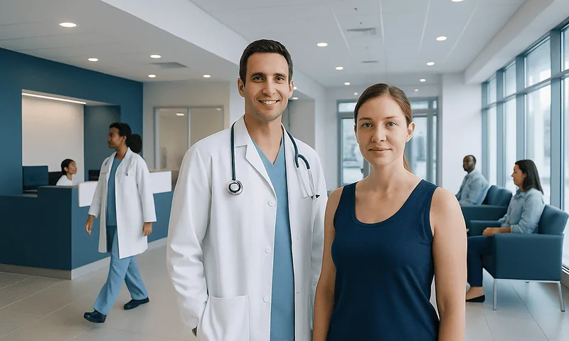 Healthcare professionals in a modern hospital lobby with patients in the background.