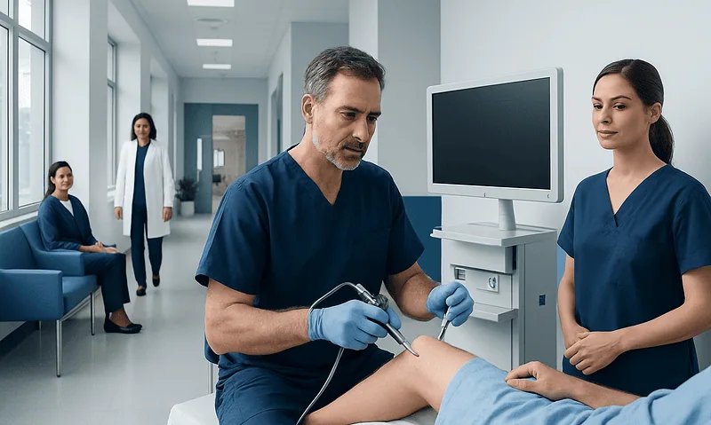 Orthopedic surgeon performing knee arthroscopy in hospital setting.