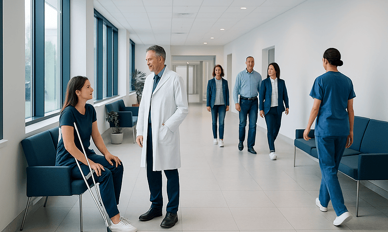 Doctor consulting with a young patient in a hospital corridor.