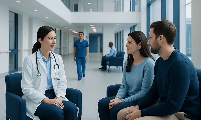 Doctor consulting with couple in hospital lobby for fertility treatment.