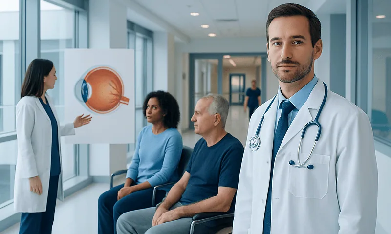 Doctor explaining eye anatomy to patients in a hospital corridor.