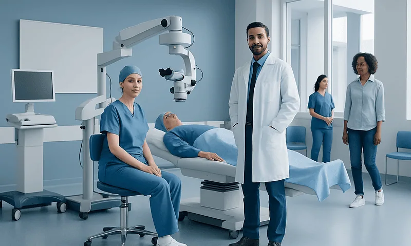 Ophthalmology team preparing for eye surgery at Acibadem Hospital.