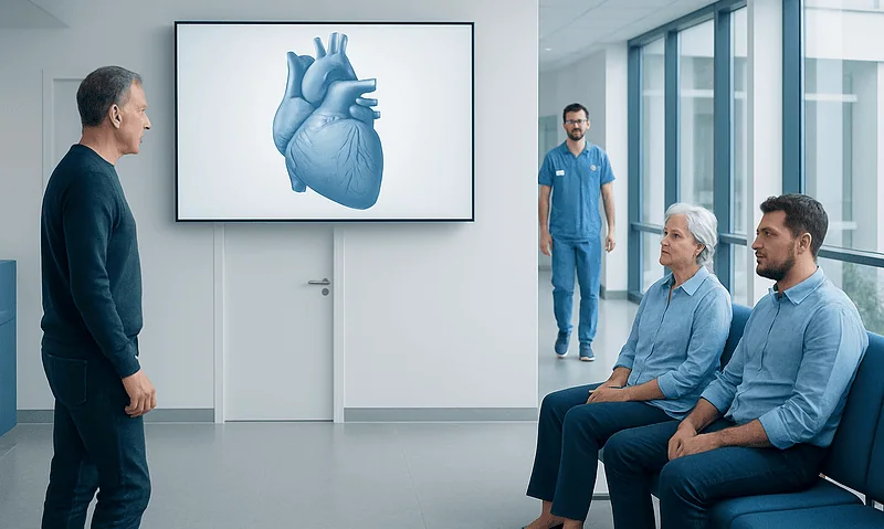 Doctor explaining heart health to patients in a hospital setting.