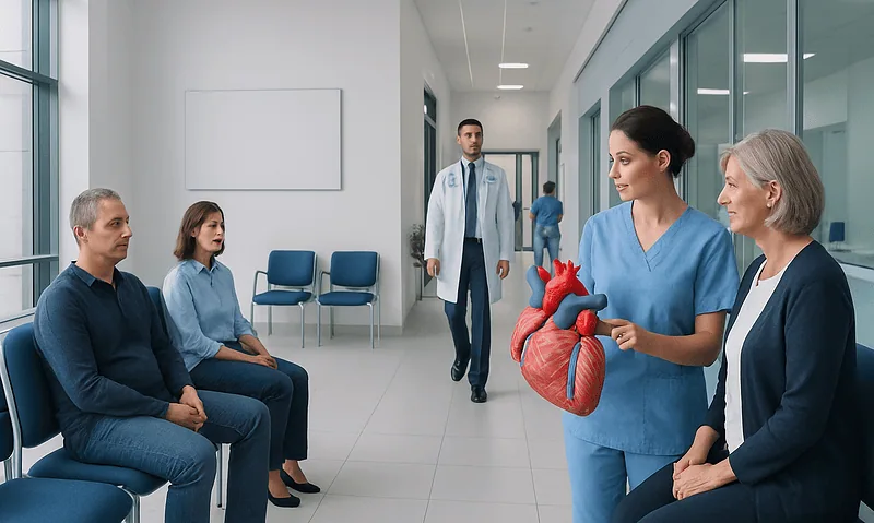 Medical professionals explaining heart health to patients in a hospital corridor.