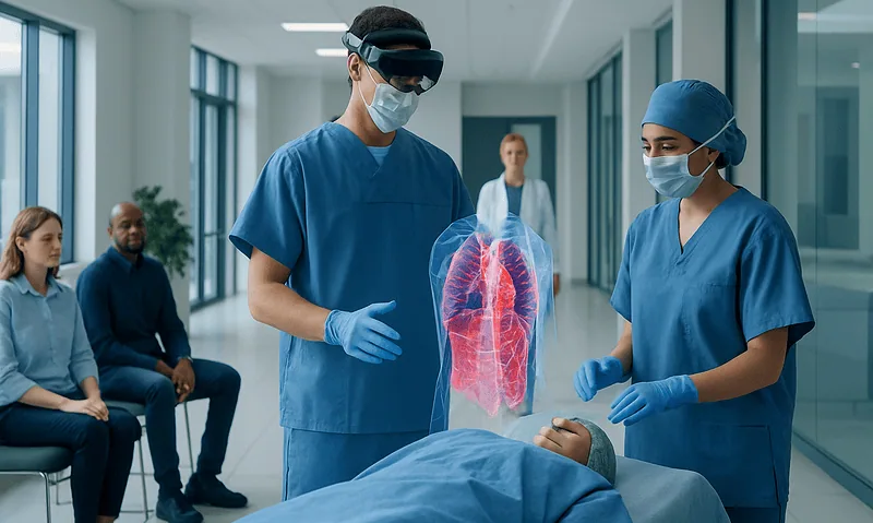 Augmented Reality Surgery: What Patients Should Expect 2 Surgeons using augmented reality technology during a medical procedure at Acibadem Hospital.
