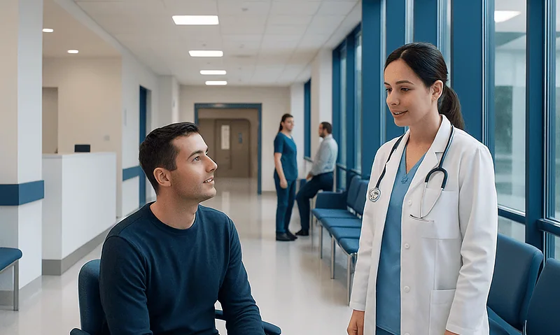 Doctor talking to patient in hospital corridor with others in background.