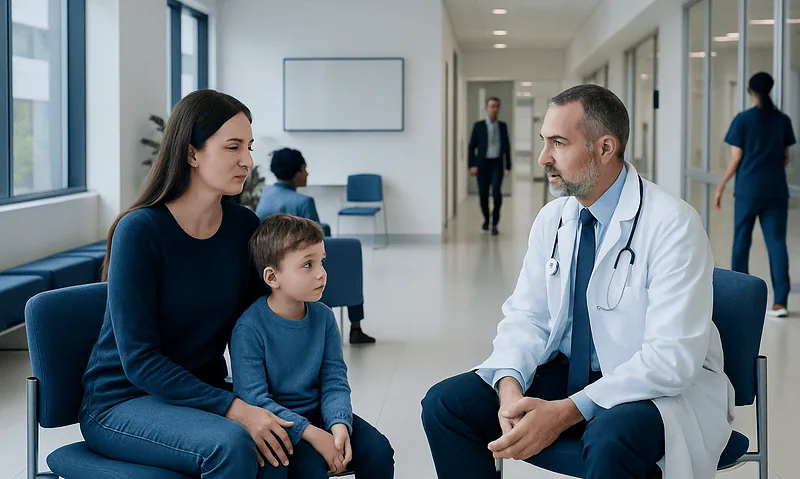 Doctor consulting with mother and child in a hospital corridor.