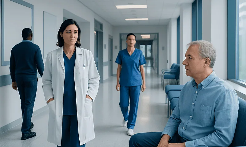 Medical professionals and patient in hospital corridor, healthcare setting.
