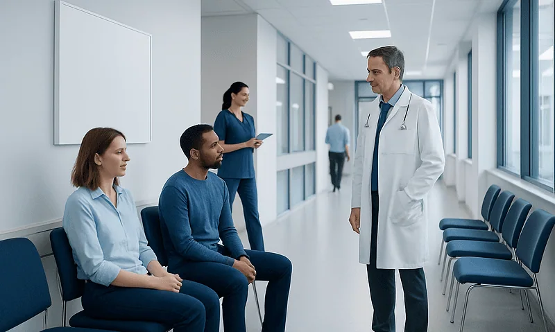 Health Library 13 Doctor consulting patients in a hospital corridor with medical staff nearby.