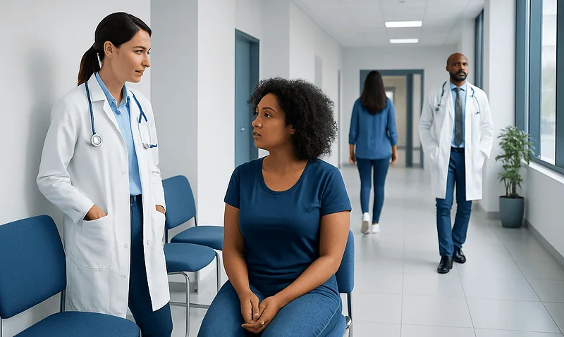 Doctor consulting a patient in a hospital corridor with other staff in the background.