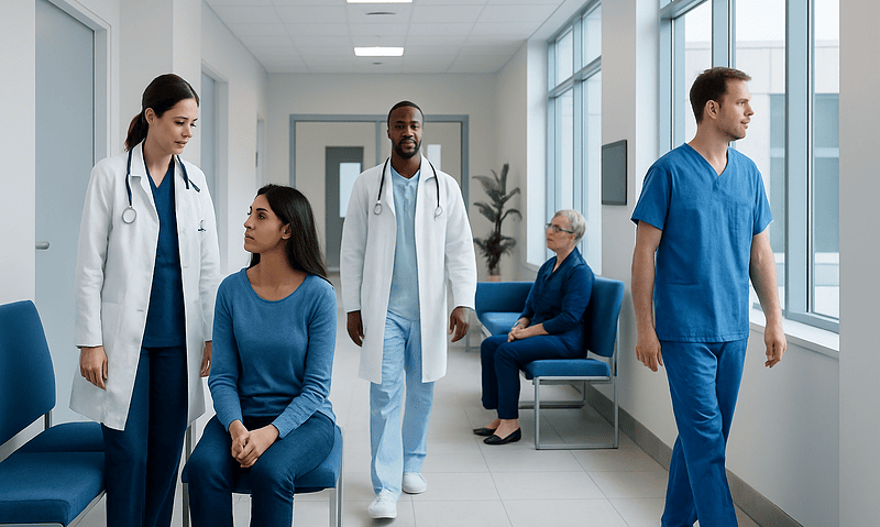 Medical team consulting with a patient in a hospital corridor.