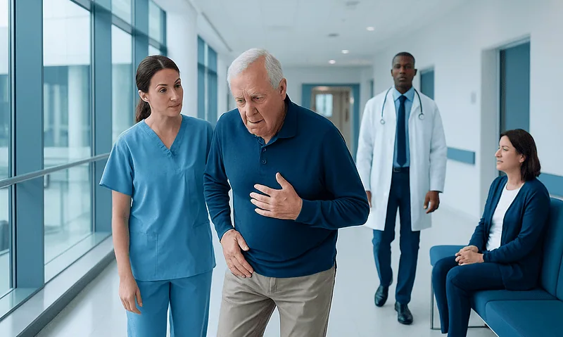 Senior man experiencing dizziness with medical staff in hospital corridor.