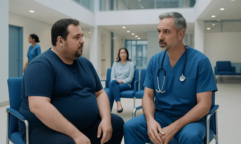 Doctor consulting with a patient in a hospital waiting area.
