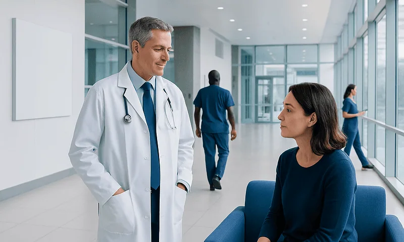 Doctor consulting with a patient in a modern hospital corridor.