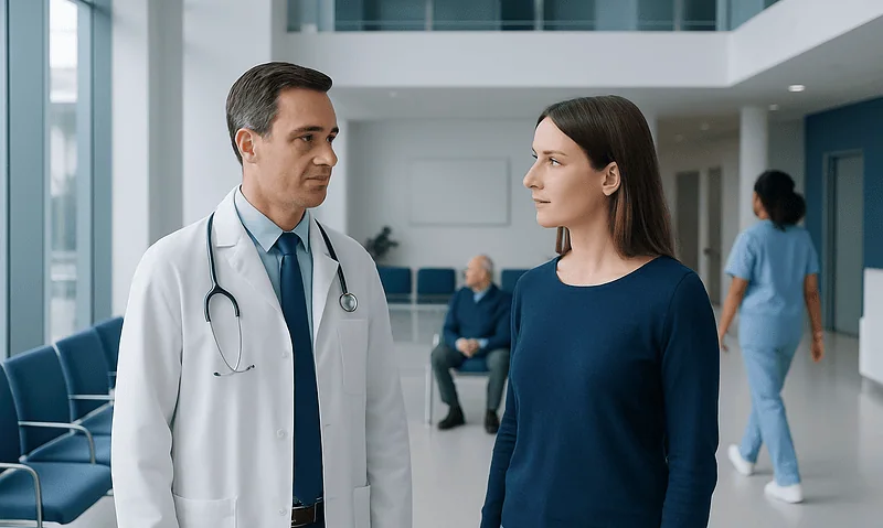 Blood Cancer Cell Therapy: When CAR T May Be an Option 10 Doctor talking to a patient in a hospital corridor with medical staff in the background.