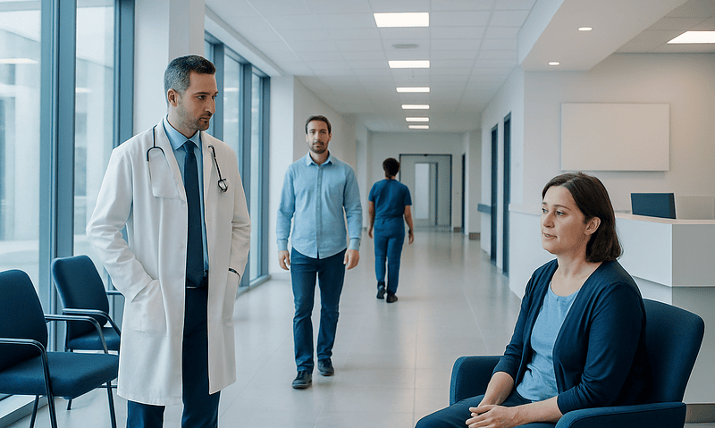 Blood Cancer Symptoms: Warning Signs That Should Not Be Ignored 8 Doctor consulting a patient in a hospital corridor with other staff in the background.