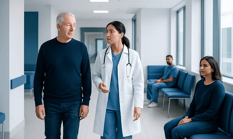Doctor consulting with senior patient in hospital corridor.