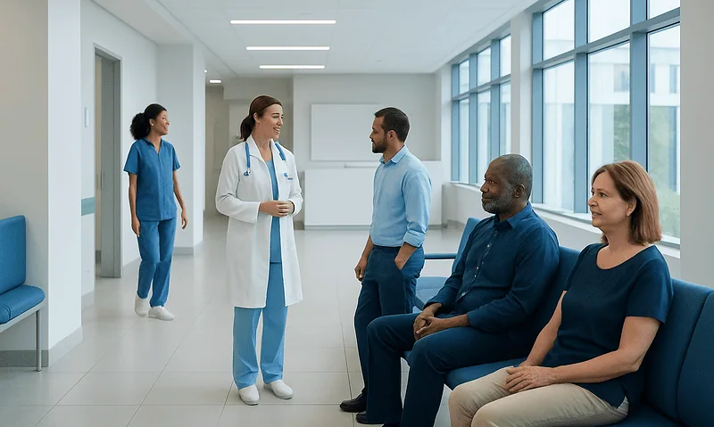Medical team consulting with patients in hospital corridor.