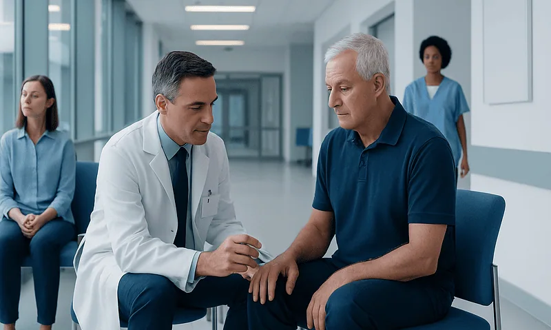 Bone and Joint Injections: Types, Benefits, and How Long Relief May Last 7 Doctor examining patient's knee in a hospital corridor.