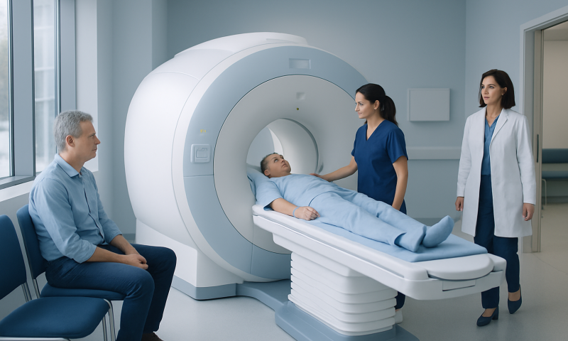 Patient undergoing MRI scan at Acibadem Hospital with medical staff present.