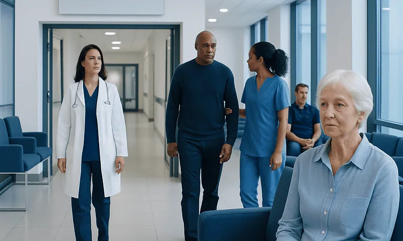 Hospital staff assisting a patient in a modern medical facility.