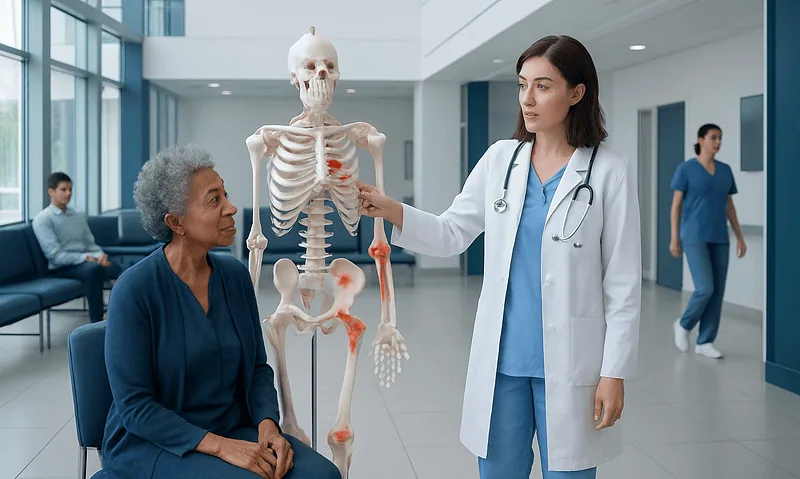 Bone Metastases: Warning Signs, Diagnosis, and Treatment Options 6 Doctor explaining bone structure to elderly patient in hospital corridor.