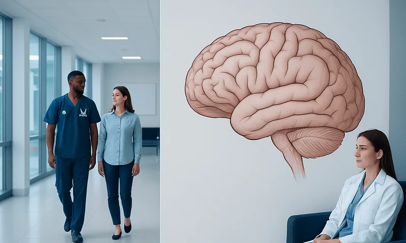 Brain Anatomy: Main Parts and What Each Section Does 17 Medical professionals discussing brain health in a hospital corridor.