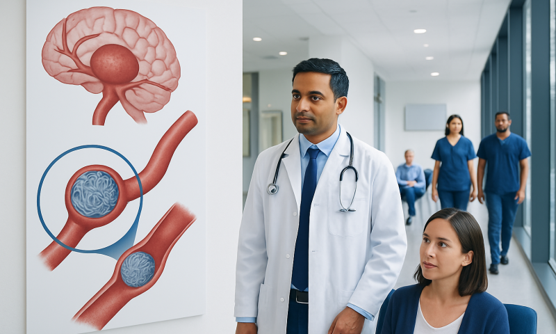 Doctor and patient in hospital corridor with brain aneurysm diagram.