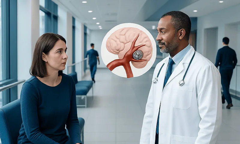 Doctor explaining brain aneurysm treatment to a patient in hospital corridor.