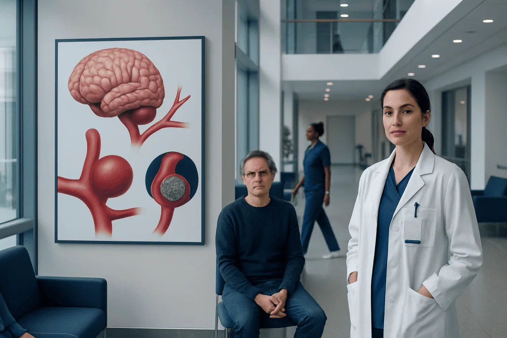 Brain Aneurysm Coiling: Who Is a Candidate, Risks, and Expected Results 1 Neurologist with patient in hospital corridor near brain aneurysm diagram.