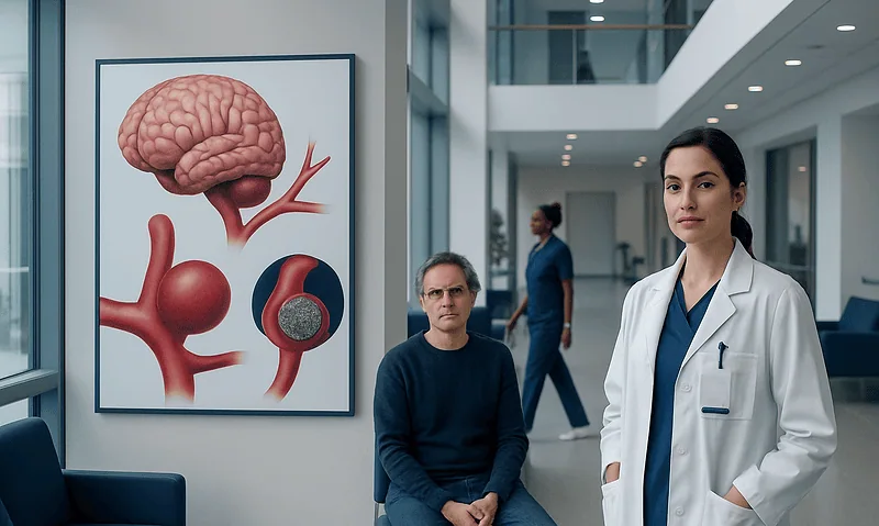 Neurologist with patient in hospital corridor near brain aneurysm diagram.