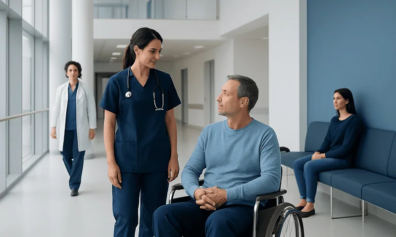 Healthcare professional talking to a patient in a hospital corridor.