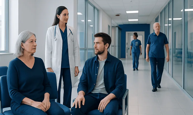Medical team consulting patient in hospital corridor after brain aneurysm treatment.