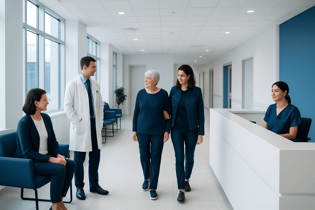 Brain Aneurysm Coiling Recovery: Timeline, Restrictions, and Follow-Up Imaging 1 Hospital staff assisting an elderly patient in a modern medical facility.