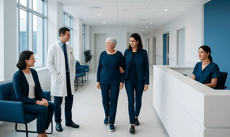 Hospital staff assisting an elderly patient in a modern medical facility.