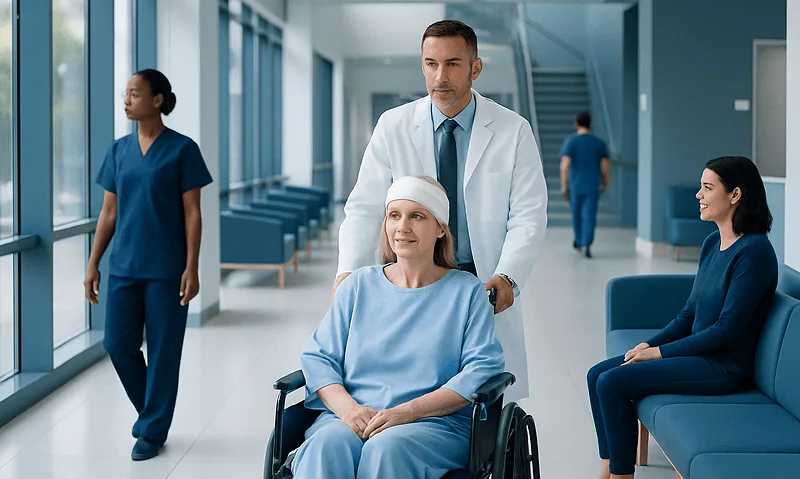 Hospital staff and patient in a modern medical facility corridor.