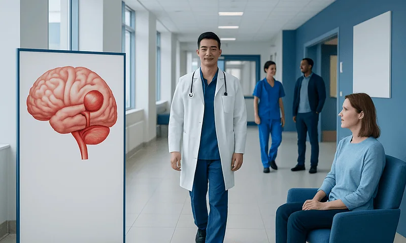 Doctor explaining brain aneurysm treatment options to patient in hospital corridor.