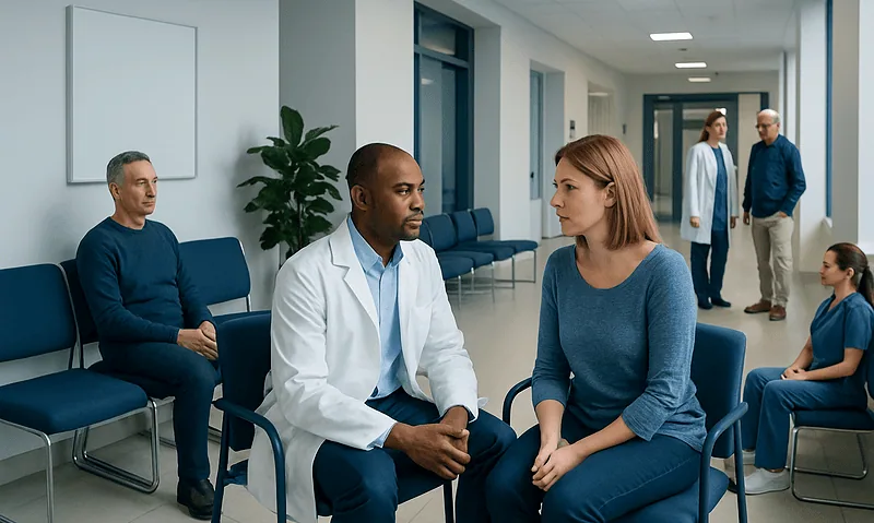 Doctor consulting with a female patient in a hospital corridor.