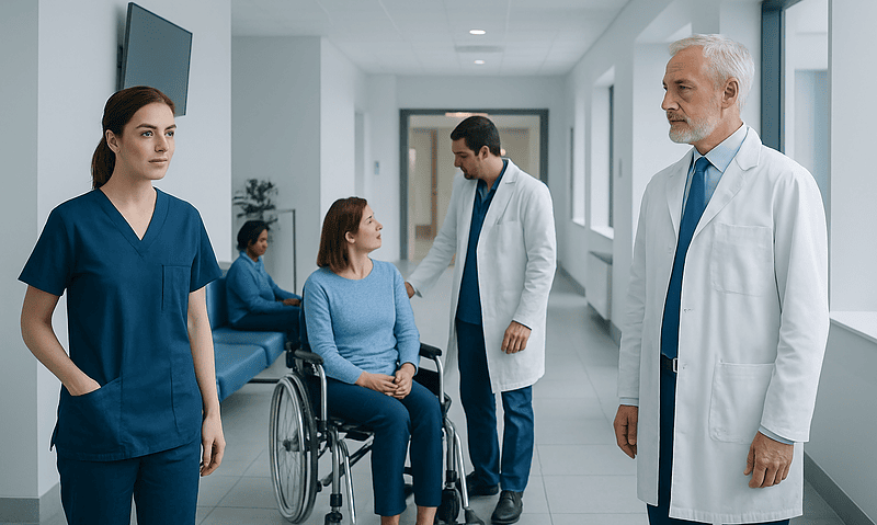 Medical team consulting with a patient in hospital corridor.