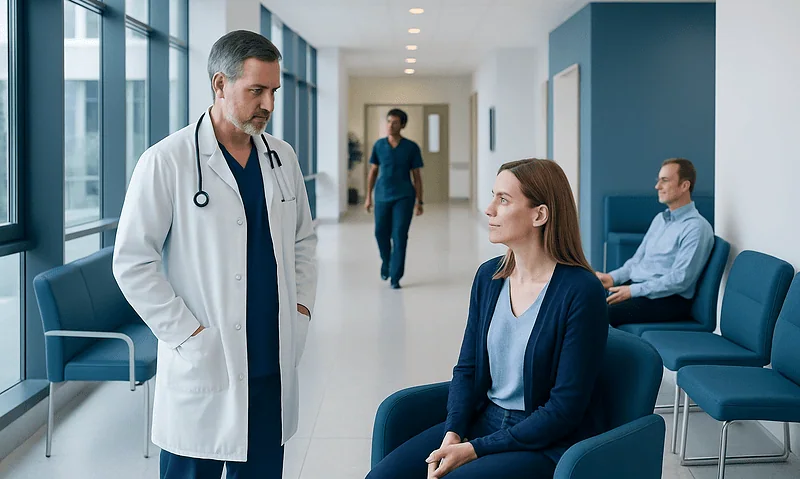 Doctor consulting female patient in hospital corridor.