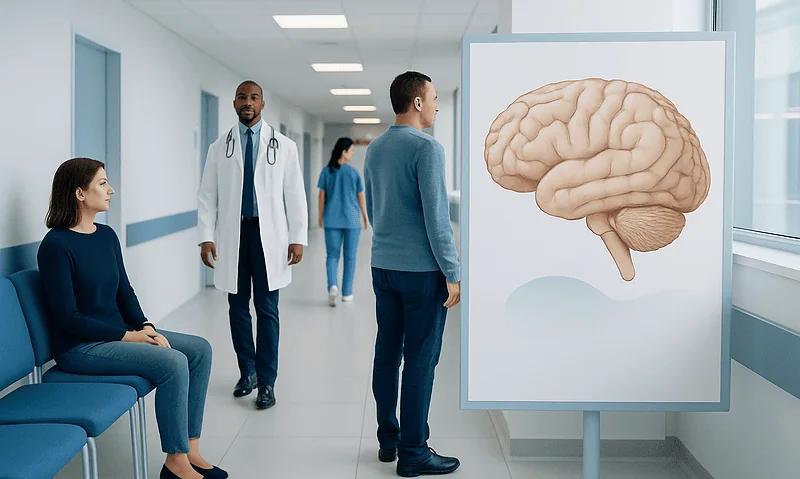 Brain Diagram Labels: How to Identify Key Structures 17 Medical professionals examining a brain diagram in a hospital corridor.