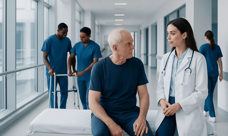 Medical team assisting a patient in a hospital corridor.
