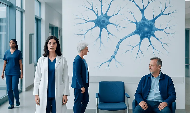 Medical professionals in a hospital corridor with brain neuron artwork in background.