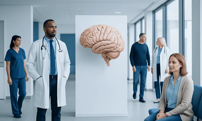 Medical professionals and patients in a hospital with a brain model display.