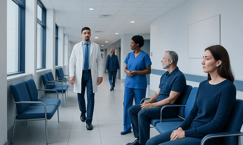 Medical professionals waiting in a hospital corridor with a doctor approaching.