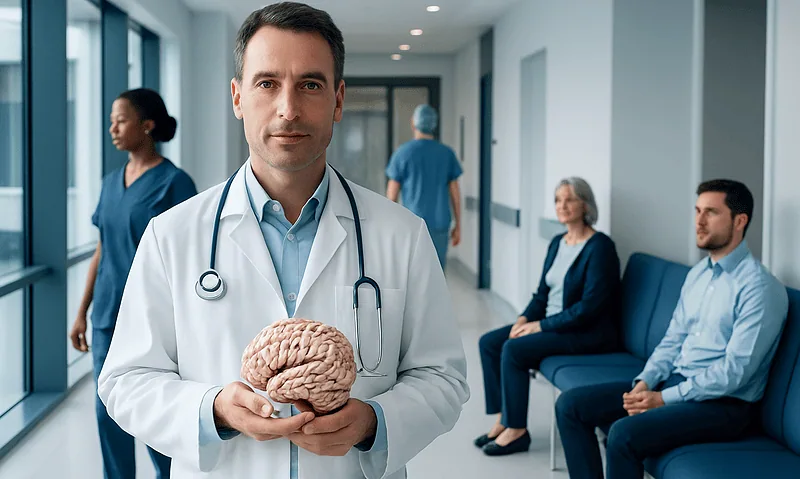 Doctor holding a brain model in a hospital corridor with patients nearby.