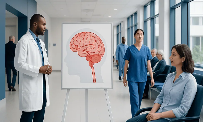 Medical team discussing brain anatomy in hospital corridor.