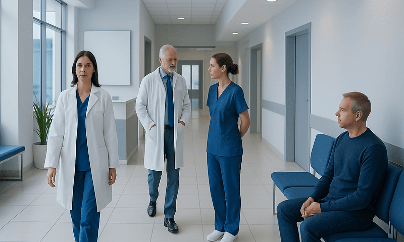 Medical team discussing patient care in hospital corridor.