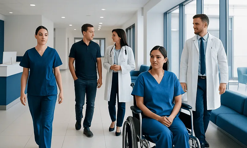 Medical team in hospital corridor with a patient in wheelchair.