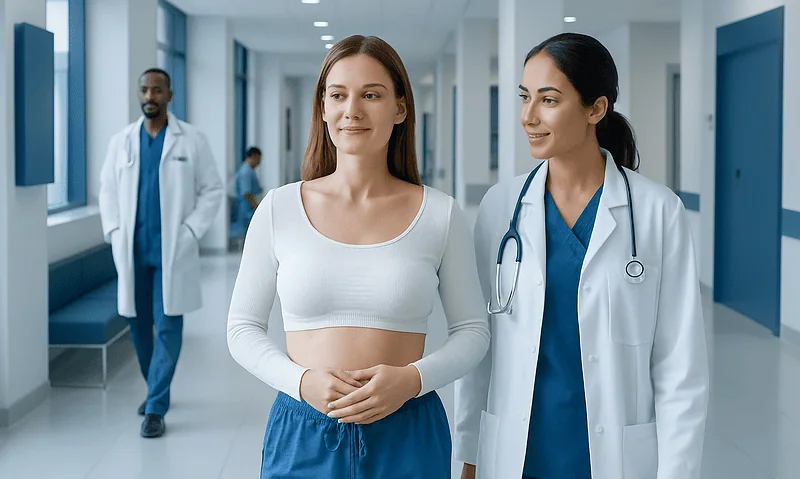 Patient and doctor discussing recovery in hospital corridor.